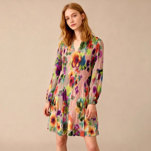 NWOT Esprit Collection Patterned Pleated Mini Dress Multicolor Sz 8 Long sleeve